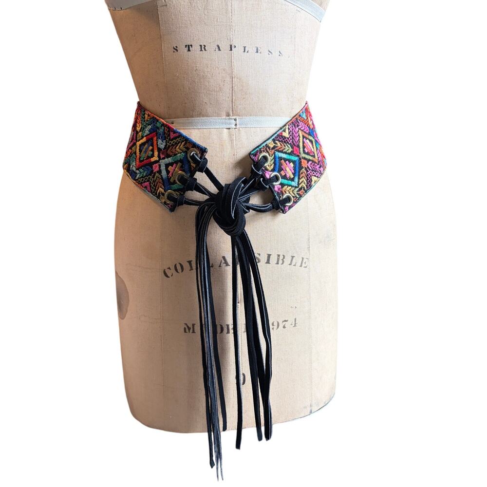 Wide Embroidered Corset Obi Belt Lace Up Fringe Boho Festival Multicolor Belt
